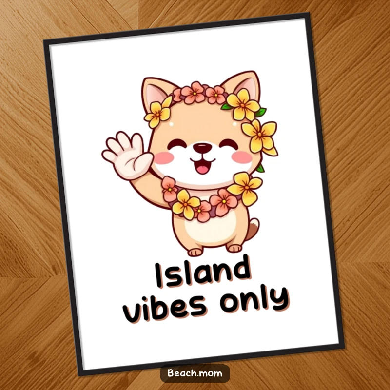 Funny animal character wearing a floral lei, waving a friendly hello, bringing island vibes to wall art.