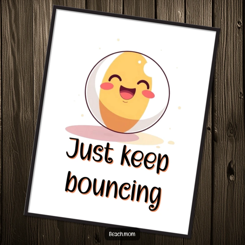 Funny Beach Ball Poster: A smiling beach ball joyfully bounces on sand, bringing cheerful and humorous summer vibes to wall decor.