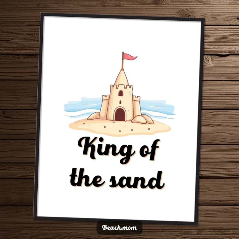 Funny poster of a happy sandcastle waving a miniature flag at the immense ocean, a piece of humorous beach art.