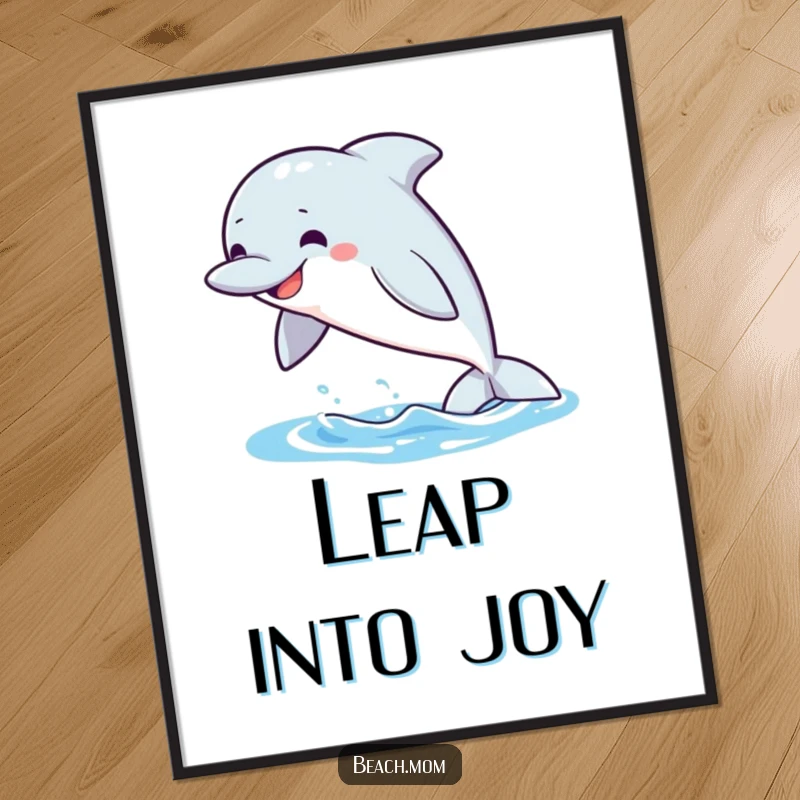 Funny Dolphin Poster: A playful dolphin leaps from the water with a big grin, ocean art.