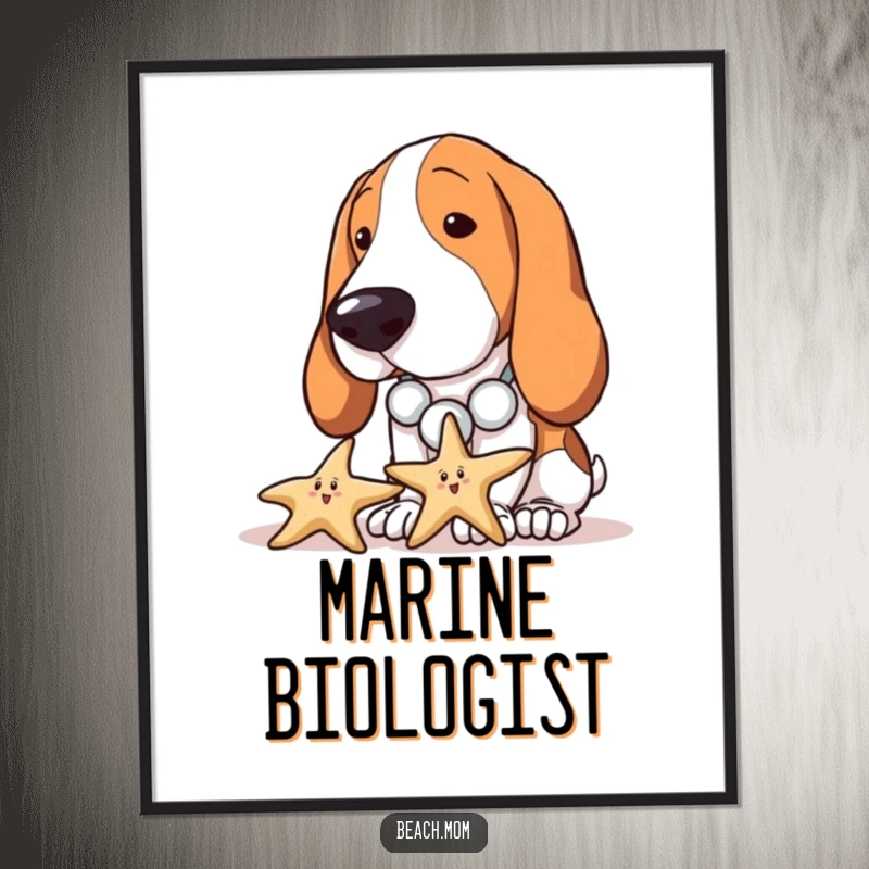 Funny Basset Hound poster featuring a dog with a seashell necklace curiously inspecting a starfish, capturing beach exploration wonder.