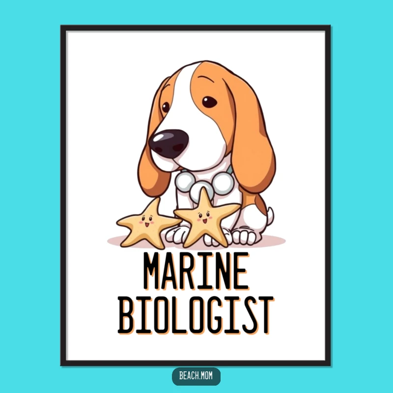 Funny Basset Hound Beach Poster - Curious Dog Starfish Art Gift
