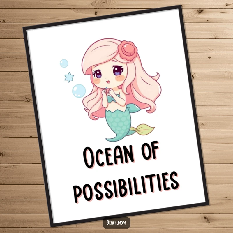 Funny poster art of a happy mermaid with shell accessories blowing bubbles, adding magical underwater charm.