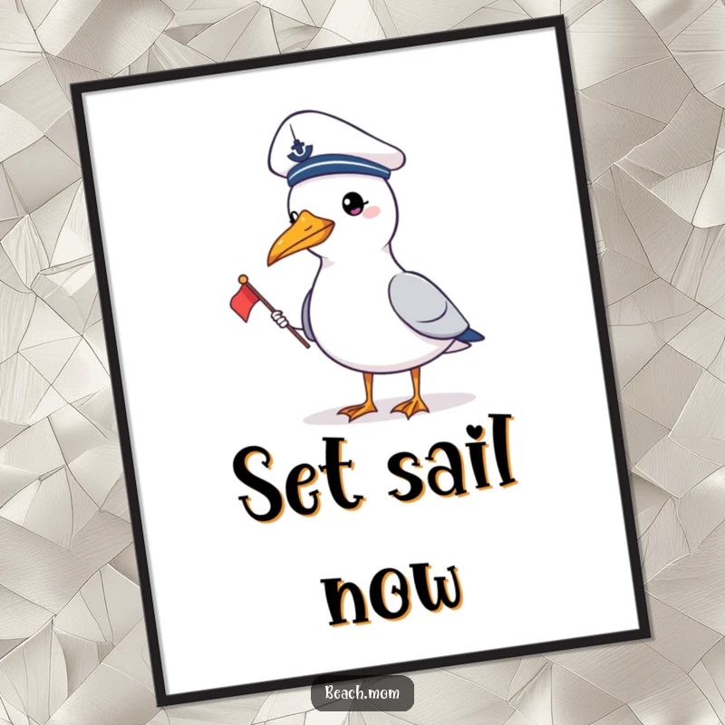 Funny gull in a sailor hat holding a flag, creating a humorous and charming nautical piece of wall art.