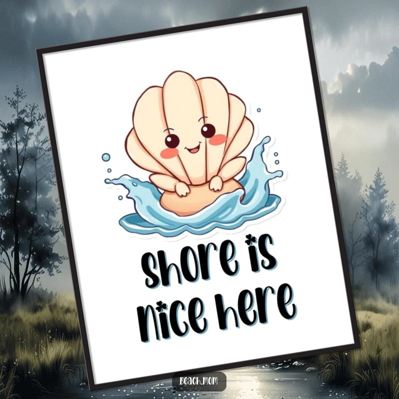 Funny Seashell Poster: a beaming seashell character artistically depicted splashing in vibrant ocean waves, creating a lively scene.