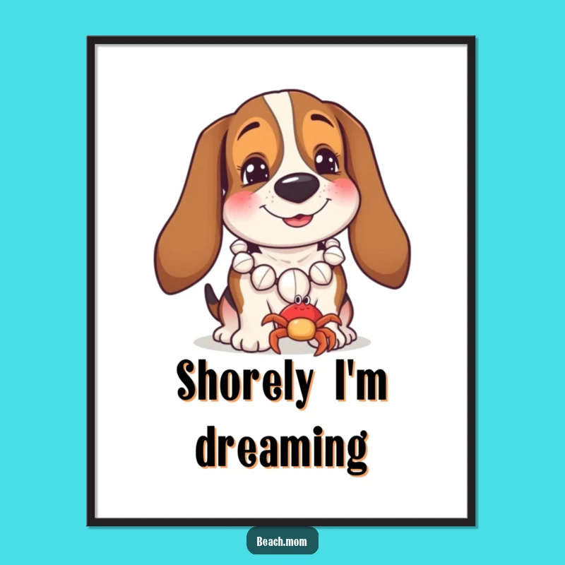 Funny Basset Hound Beach Poster: Charming Dog Wall Art for Coastal Homes