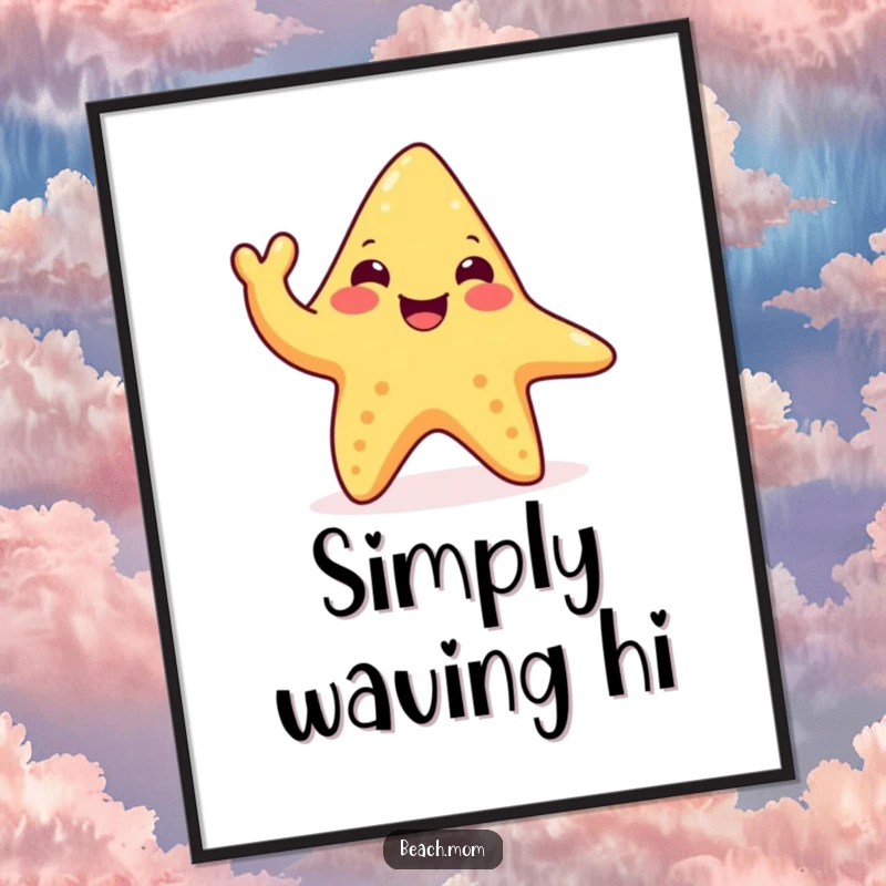 Funny happy starfish poster with a character waving a tentacle, perfect for beach-themed rooms, a humorous and cheerful art piece.