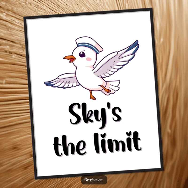 Funny poster of a delighted seagull wearing a sailor hat, soaring high with pure happiness, a classic nautical theme.