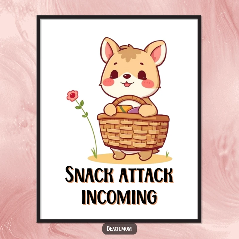 Funny excited animal character carefully packing a picnic basket, radiating joy and anticipation for an outdoor feast, suitable for wall art.