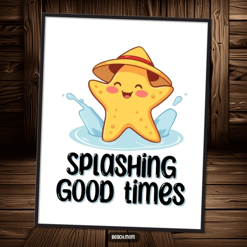 Funny starfish poster of a cheerful character in a sunhat splashing water, conveying humorous ocean joy and playful energy.