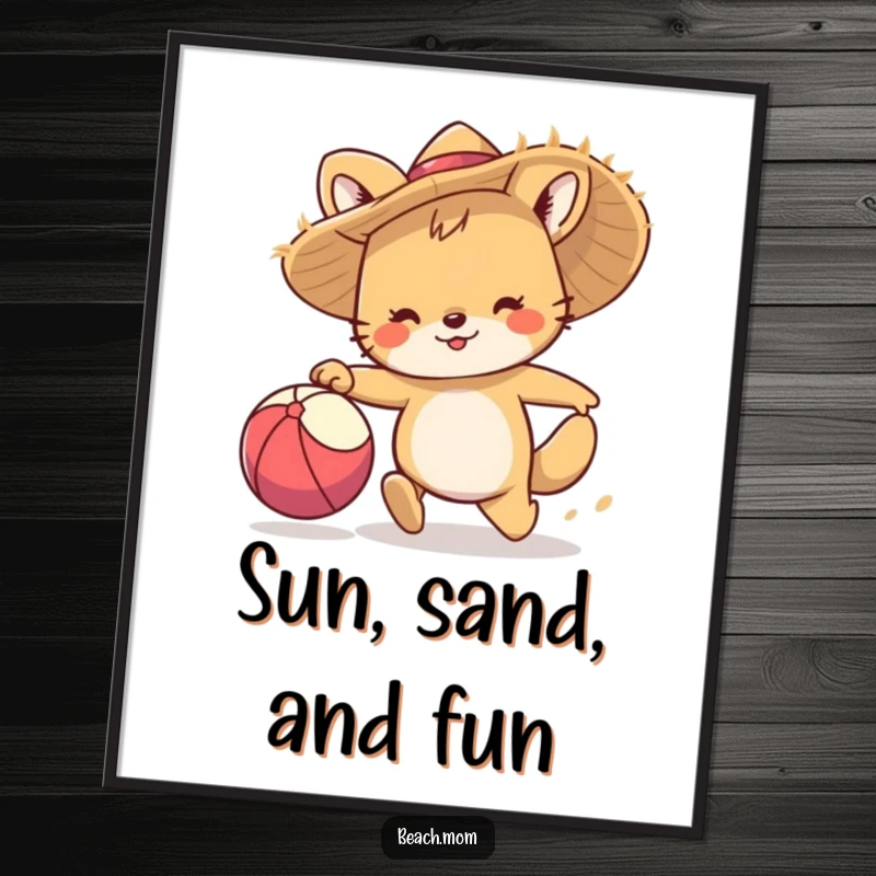 Funny poster: An animated animal in a straw hat playfully chases a beach ball, embodying energetic fun and summer.