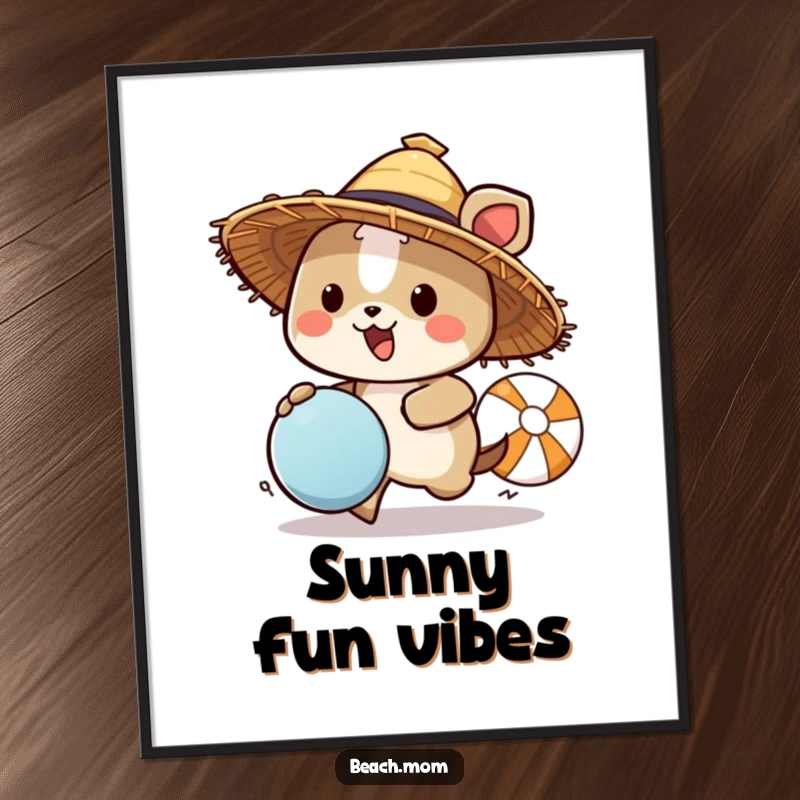 Funny animal character wearing a straw hat, joyfully chasing a beach ball, presented as wall art, capturing vibrant summer humor.