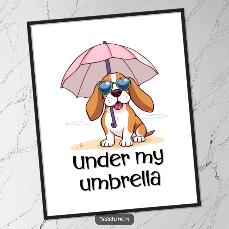 Funny Basset Hound poster of a dog under a tiny umbrella, enjoying the beach breeze, evoking peaceful seaside moments.