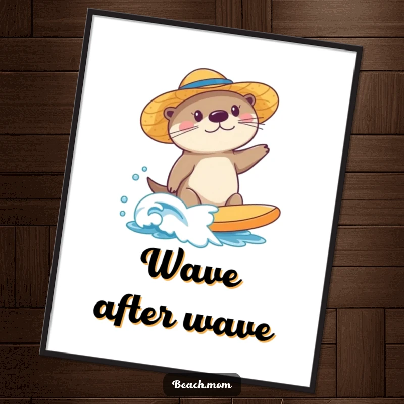 Funny sea otter poster, wearing a sun hat, surfing a small wave, a piece of art capturing joyful ocean adventures.