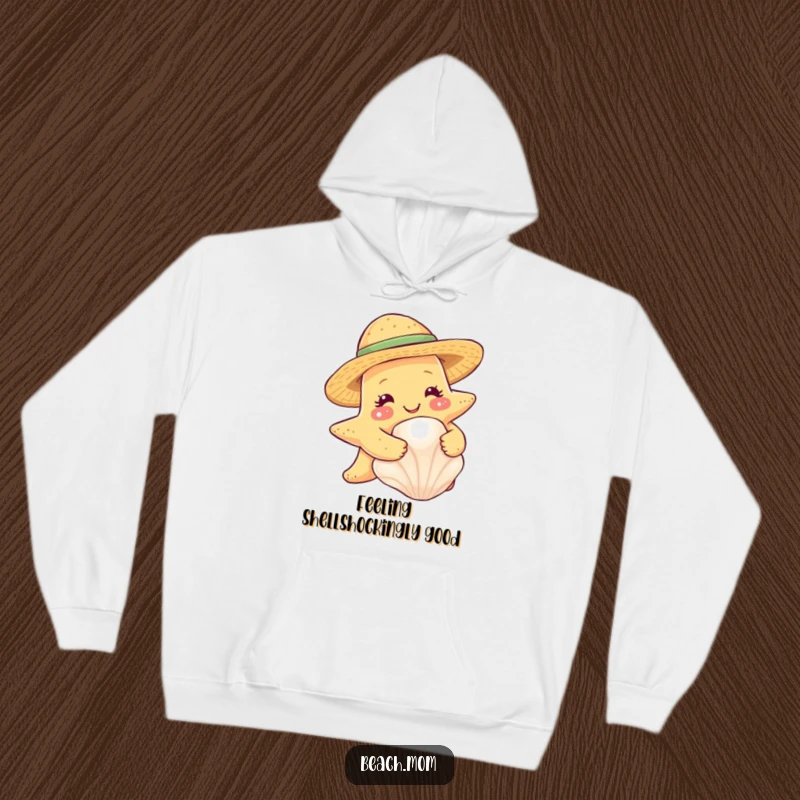 Funny starfish with a straw hat, hugging a seashell, on a comfortable hoodie.