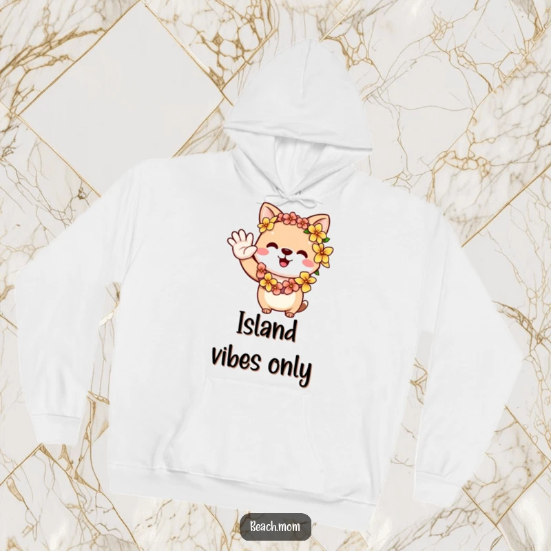Funny animal character adorned with a vibrant flower lei, waving a friendly welcome, perfect for a cozy hoodie.