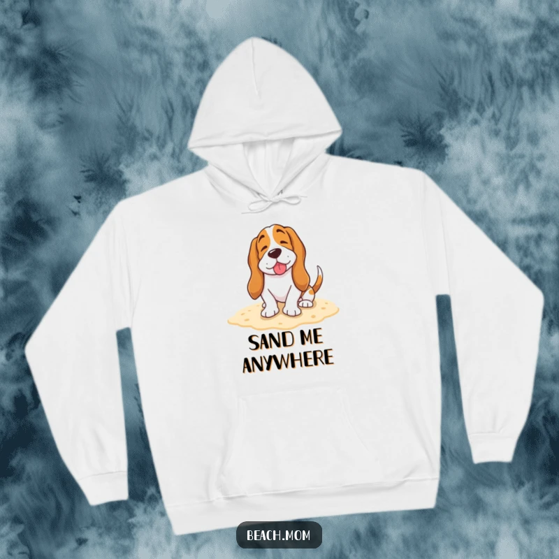 Funny Basset Hound hoodie with a happy dog burying its tail in the sand, letting out a contented sigh.