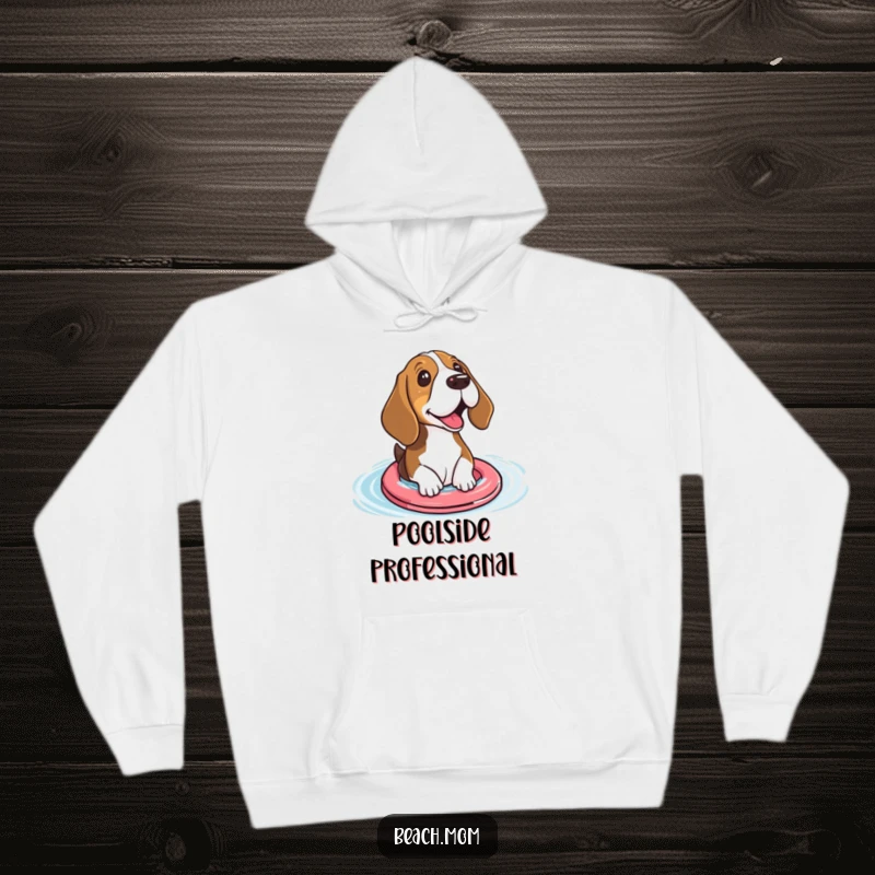 Funny Basset hound hoodie featuring a dog with small floaties excitedly paddling, offering cozy and humorous comfort.