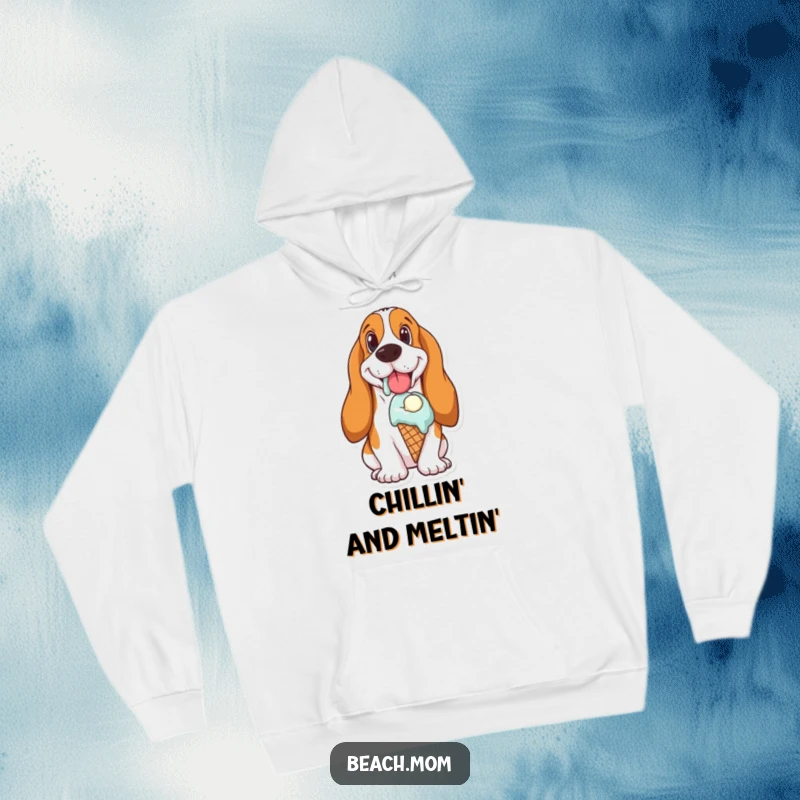 Funny Basset Hound hoodie design of a happy dog with a melting ice cream cone, perfect for cozy, sweet moments.