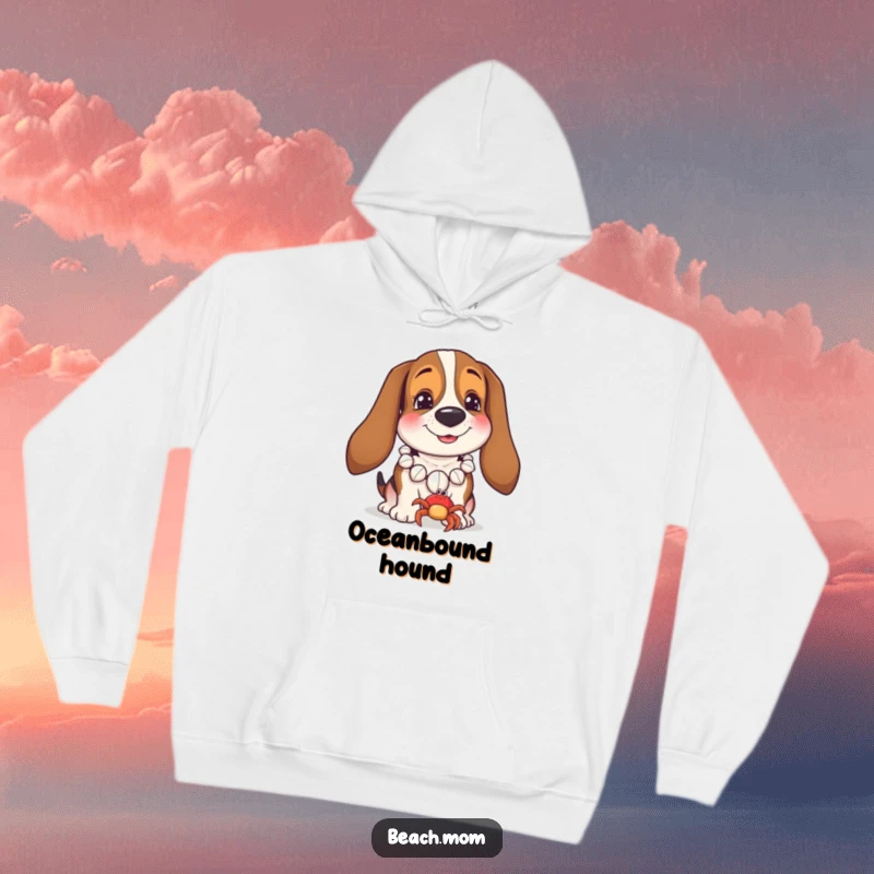 Funny Basset Hound hoodie featuring a dog with a seashell necklace smiling at a small crab, perfect for seaside comfort.