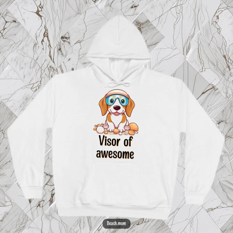 Funny Basset Hound hoodie featuring a dog wearing a visor, happily collecting seashells, perfect for cozy, humorous beach vibes.