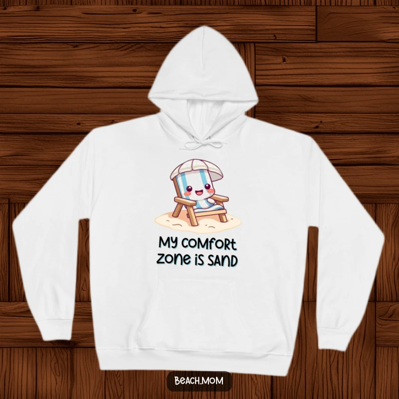 Funny beach chair hoodie, cute cartoon chair sinking slightly into sand, cozy apparel for relaxation.