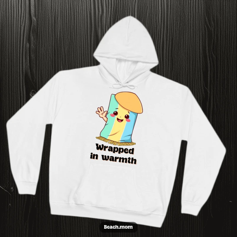 Funny hoodie with a smiling beach towel waving hello, offering cozy comfort and cheerful vibes.