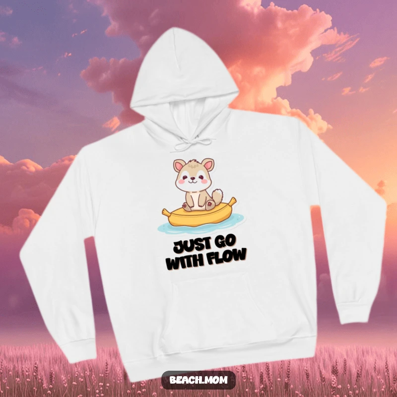 Funny animal character blissfully bobbing on a raft, embodying pure happiness and relaxation, perfect for a cozy hoodie.