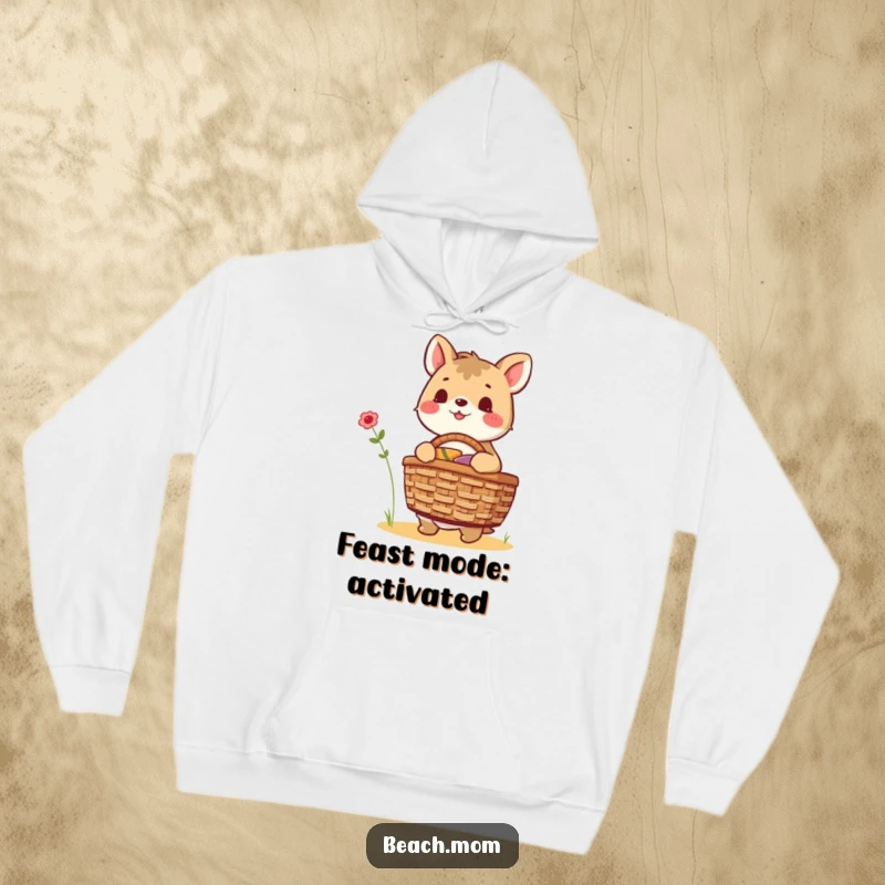 Funny animal character enthusiastically packing a picnic basket, embodying excitement for food and adventure, ideal for a cozy hoodie.