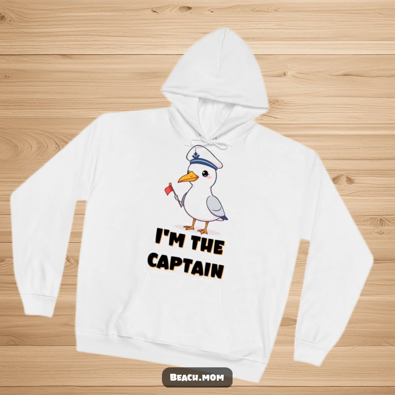 Funny gull in a sailor hat holding a flag, offering nautical humor and warmth in a cozy hoodie.