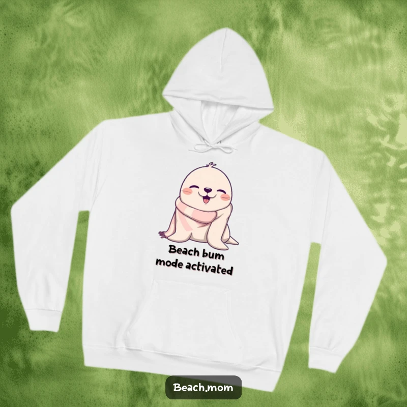 Funny seal wearing a beach towel and winking, offering a cozy and humorous vibe on a warm hoodie.