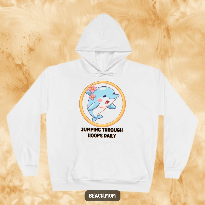 Funny dolphin with a flower, jumping through a hoop, on a soft, warm hoodie.