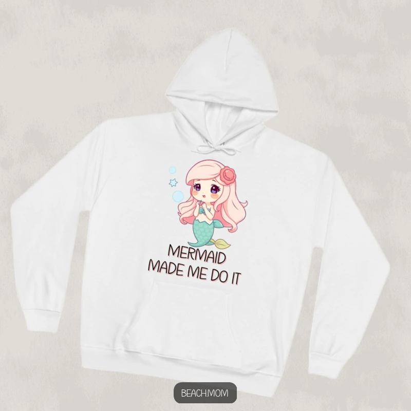 Funny hoodie featuring a happy mermaid with shell accessories, creating bubbles, offering warmth and underwater charm.