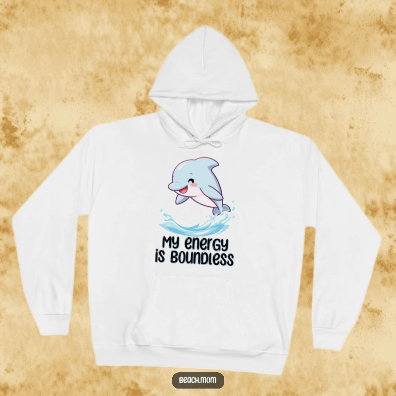 Funny dolphin hoodie, cute cartoon marine animal leaping through stylized ocean waves, comfortable and fun.