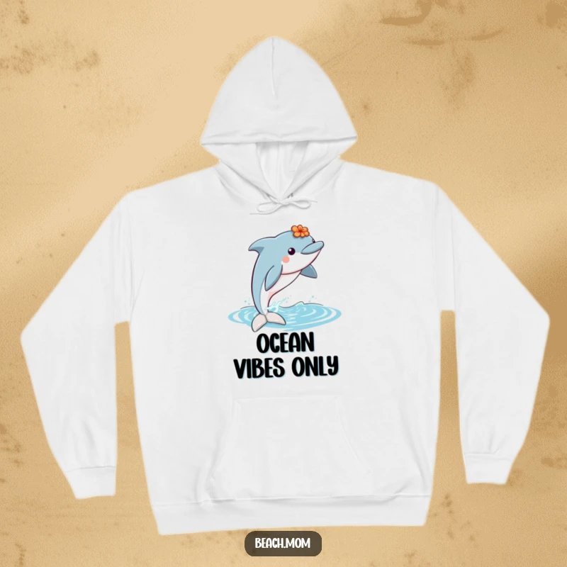 Funny dolphin with a lei jumping out of water, offering tropical humor and warmth in a cozy hoodie.