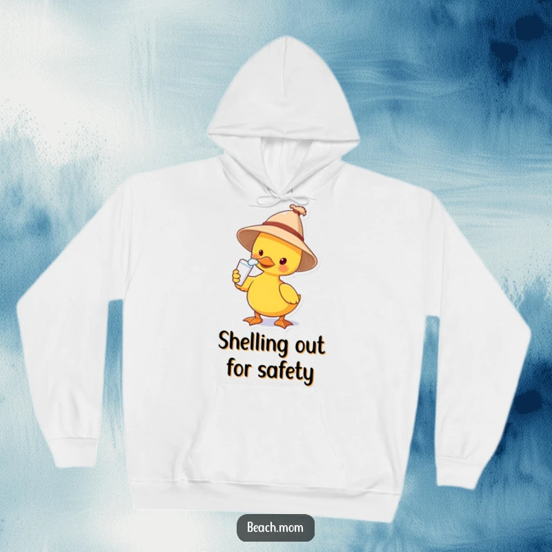 Funny hoodie showcasing a duck in a sun hat, diligently applying sunscreen to its nose, embodying a humorous beach vacation scene.