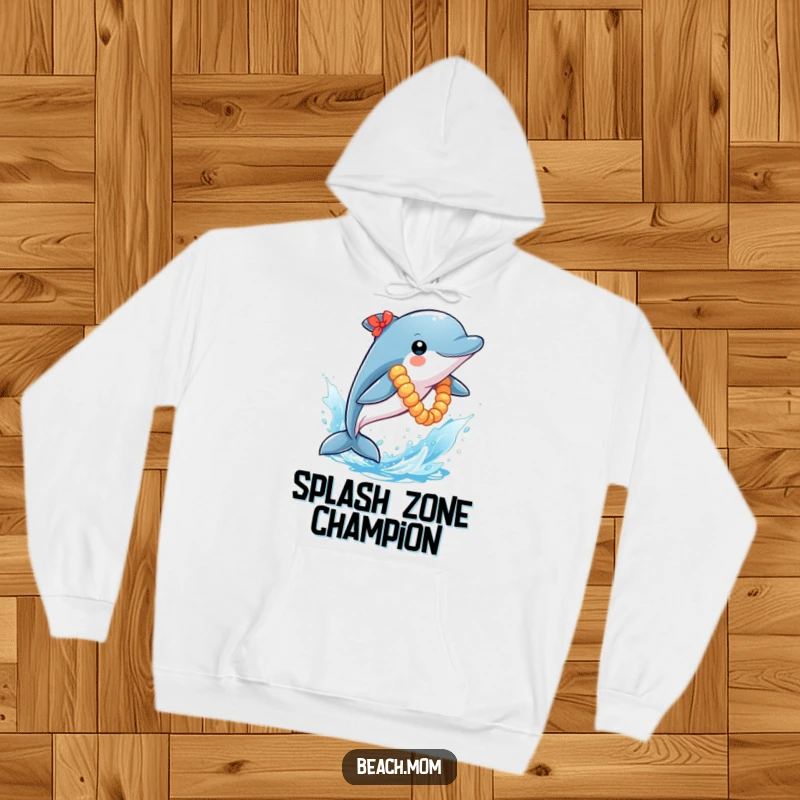 Funny Dolphin Hoodie: A playful dolphin adorned with a lei leaps from a dazzling blue water splash, perfect for cozy, humorous wear.