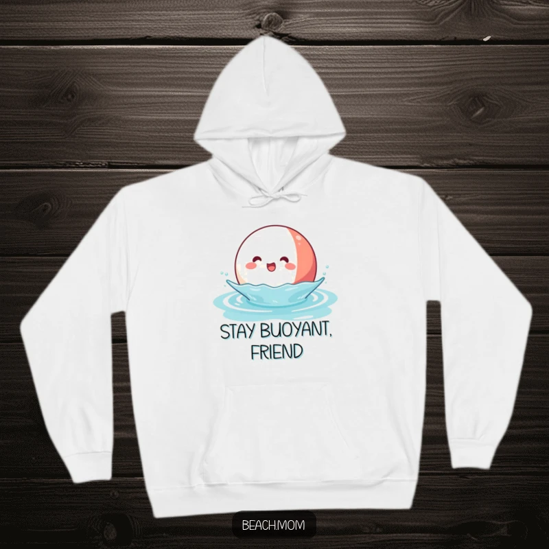 Funny Kawaii Beach Ball Hoodie: a happy beach ball character bouncing on water, designed for warmth and fun.
