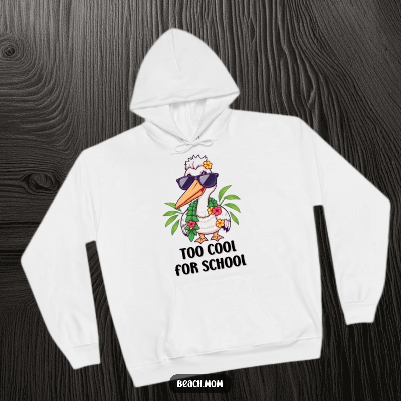 Funny hoodie featuring a cool pelican wearing sunglasses and a lei, offering warmth and tropical humor.