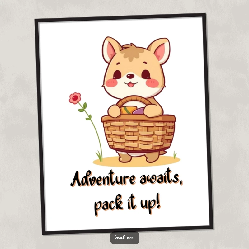 Funny Free Printable wall art of an excited animal character joyfully packing a picnic basket, bringing fun vibes to any room.