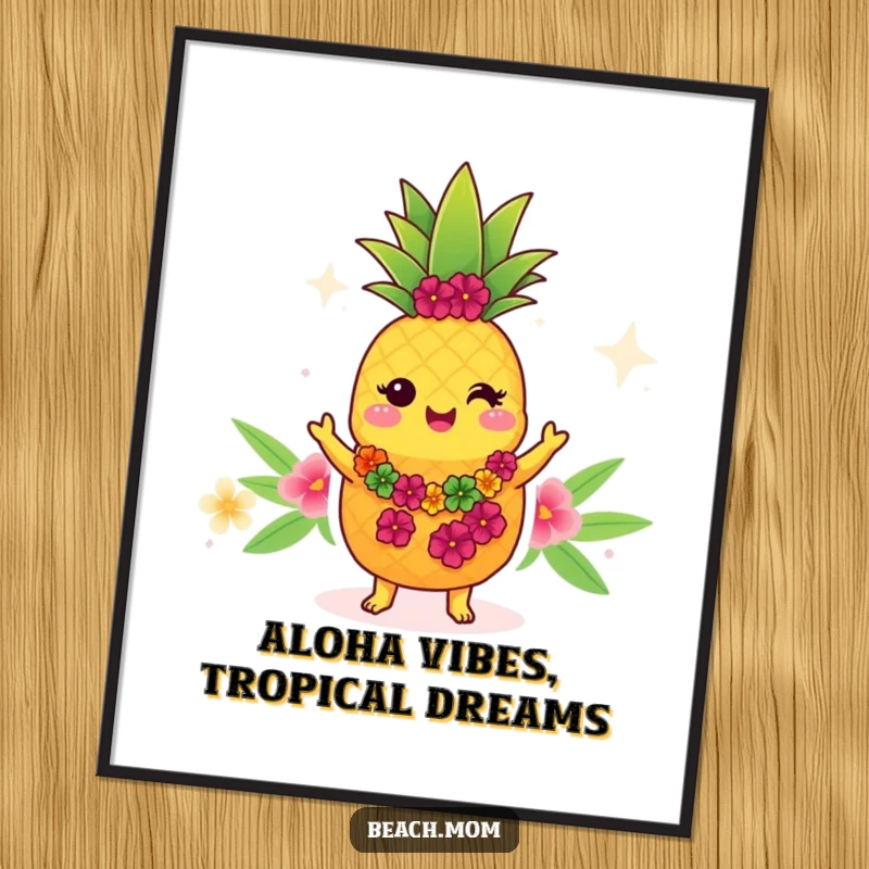 Funny Free Printable Wall Art of a cute Kawaii pineapple wearing a lei and doing a cheerful hula dance.