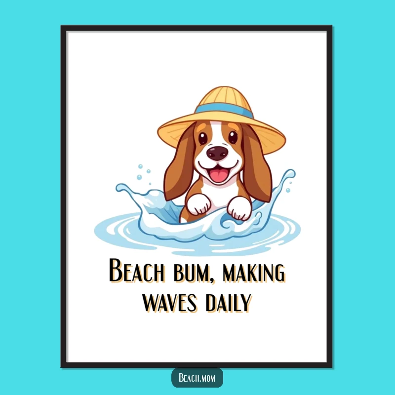 Free Printable Wall Art: Funny Basset Hound Splashing, Beach Doggy Downloadable Art