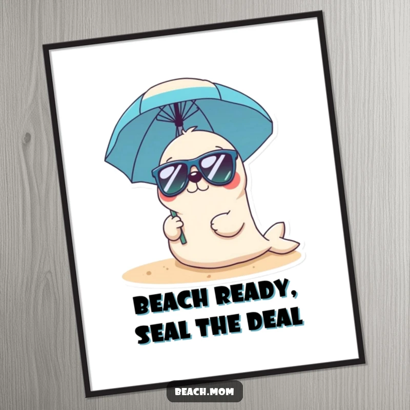 Funny Free Printable Wall Art: A Kawaii seal character wears sunglasses and holds a beach umbrella, creating a cool beach scene.