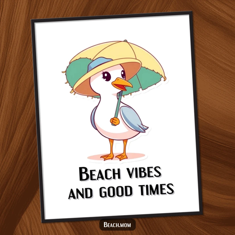 Funny Free Printable Wall Art: A seagull in a straw hat carries a beach umbrella, looking ready for a sunny day.