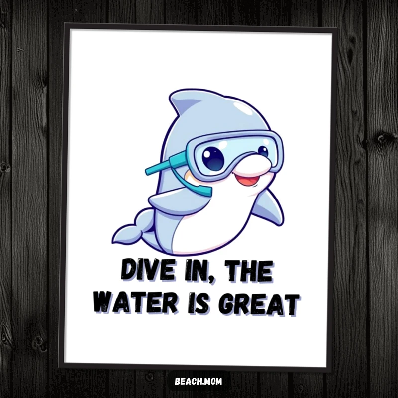 Funny Free Printable Wall Art: A dolphin with a snorkel mask, enthusiastically waving a flipper, bringing playful underwater energy indoors.