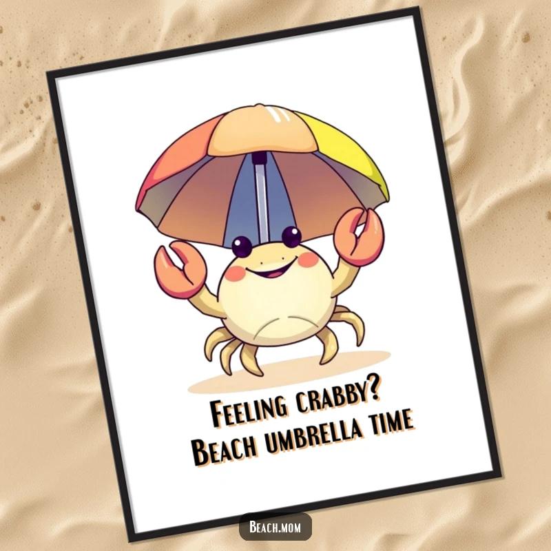 Funny Free Printable Wall Art: A happy crab character carrying a colourful beach umbrella, radiating summery fun.