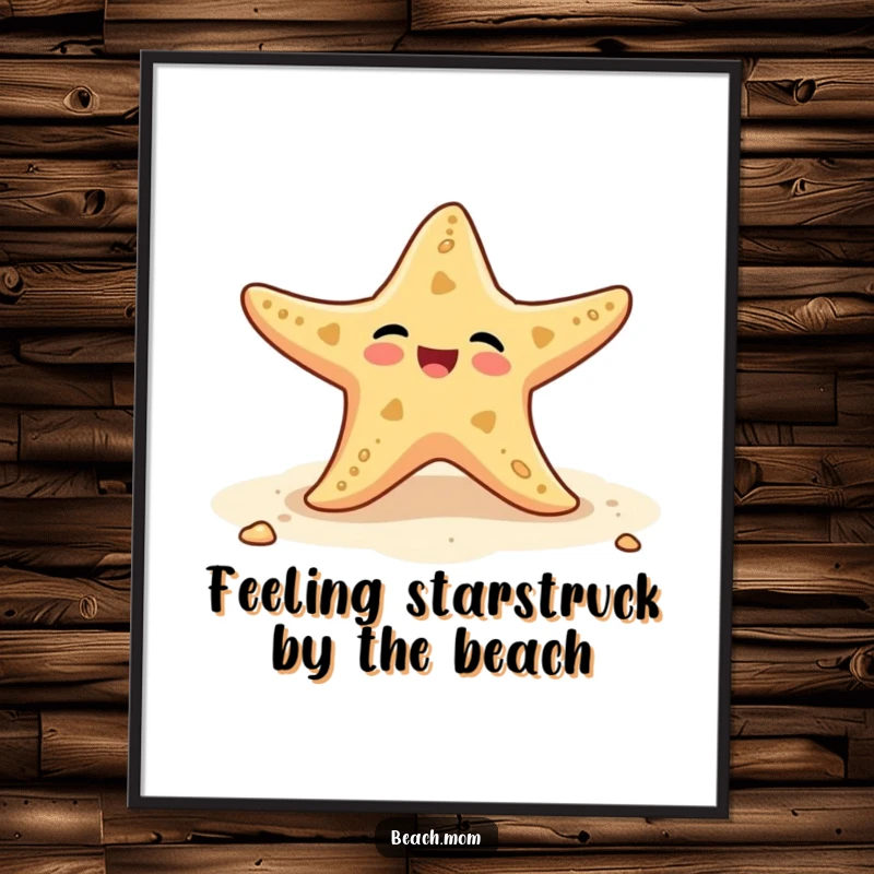 Funny Free Printable Wall Art: A delighted starfish enthusiastically wiggles its arms on the sand, creating a cheerful beach vibe.