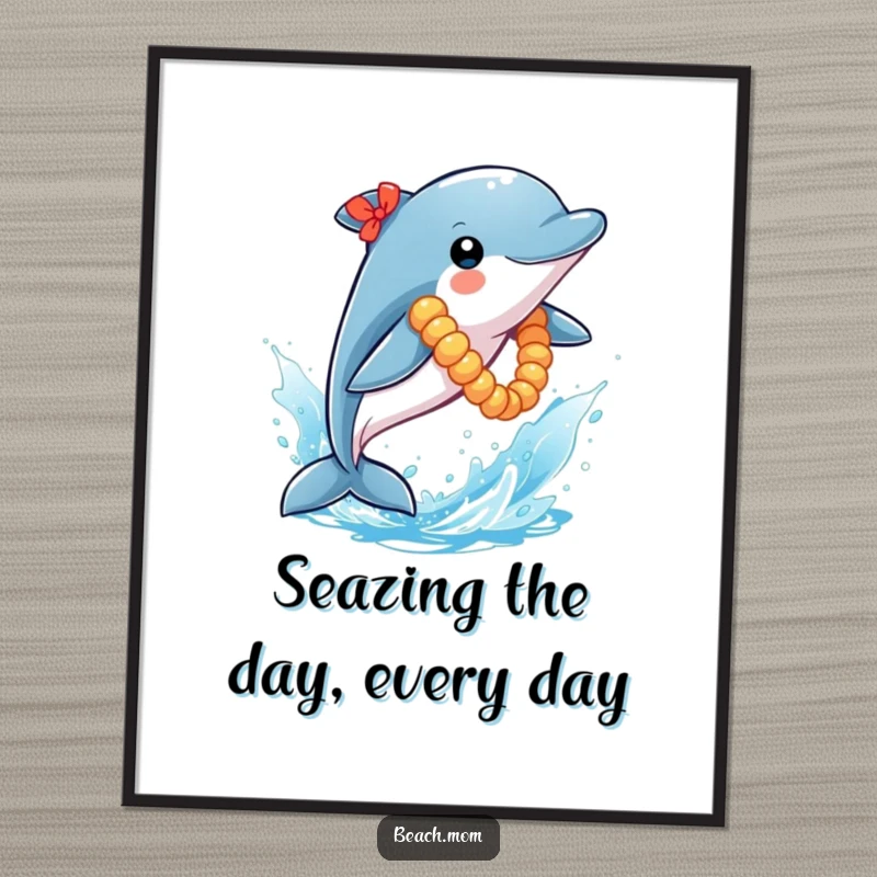 Funny Free Printable Wall Art: Playful dolphin with lei leaping high from a sparkly blue water splash.