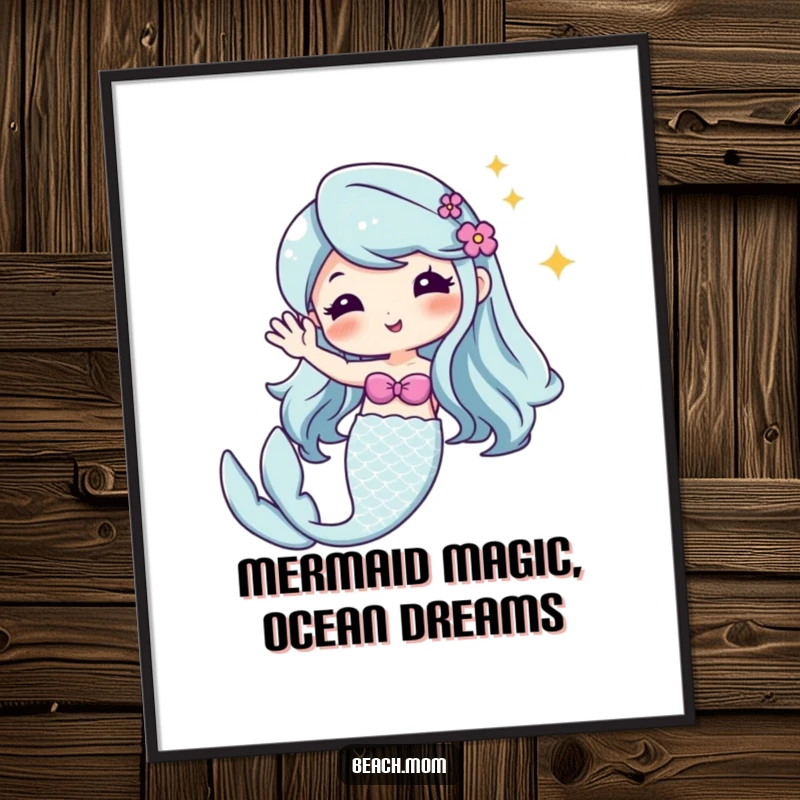Funny Free Printable Wall Art featuring a cute Kawaii mermaid with a sparkling tail waving hello in a whimsical underwater scene.