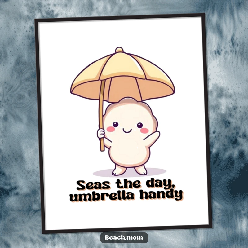 Funny Free Printable Wall Art: A smiling seashell character holding a beach umbrella aloft, radiating coastal vacation vibes.